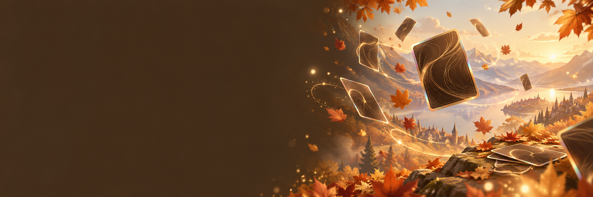 Herbstliche Illustration mit schwebenden Sammelkarten in warmem Goldlicht